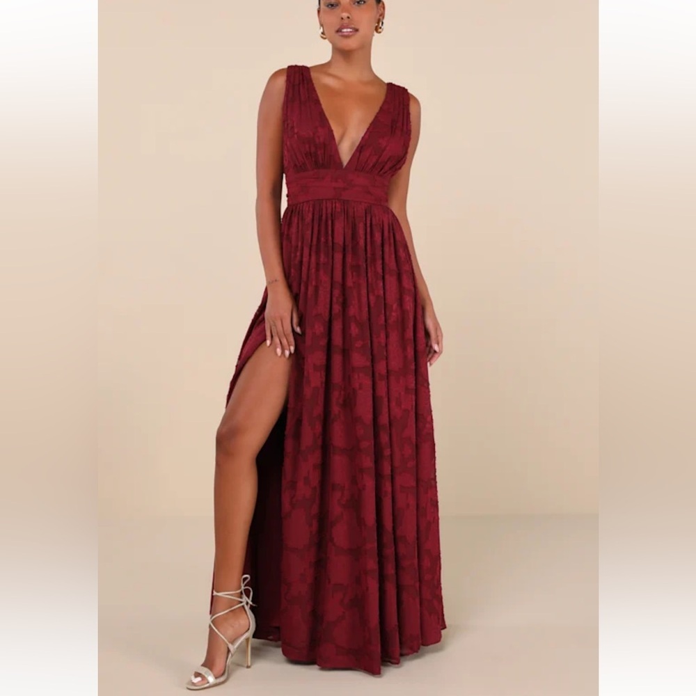 Lulus Sweet Sophistication Burgundy Red Floral Burnout Maxi Dress Gown Sz Small